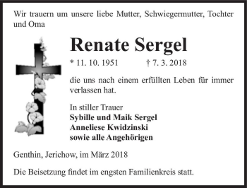 Traueranzeige von Renate Sergel  von Magdeburger Volksstimme