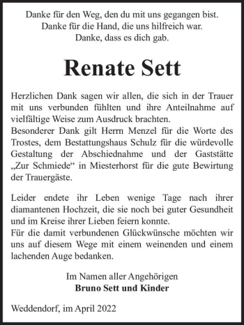 Traueranzeige von Renate Sett  von Magdeburger Volksstimme