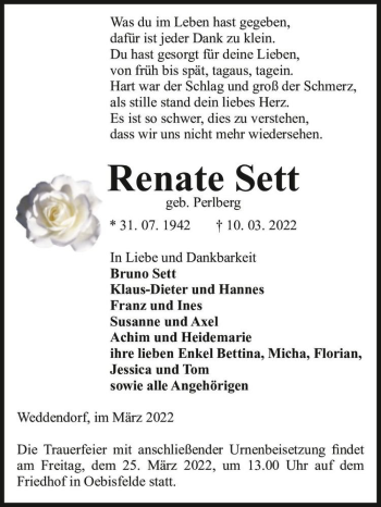 Traueranzeige von Renate Sett (geb. Perlberg)  von Magdeburger Volksstimme