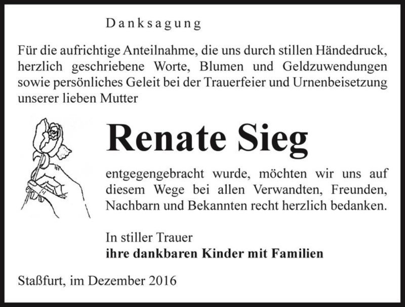  Traueranzeige für Renate Sieg  vom 10.12.2016 aus Magdeburger Volksstimme