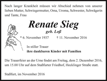 Traueranzeige von Renate Sieg (geb. Loß)  von Magdeburger Volksstimme