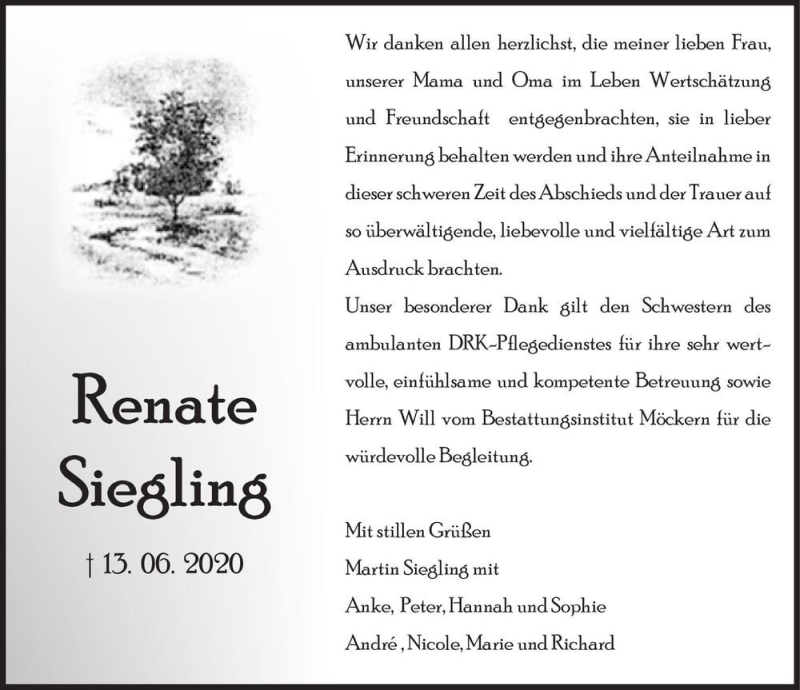  Traueranzeige für Renate Siegling  vom 01.08.2020 aus Magdeburger Volksstimme