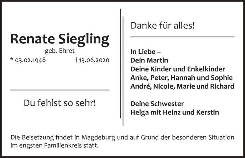  Traueranzeige für Renate Siegling (geb. Ehret)  vom 27.06.2020 aus Magdeburger Volksstimme