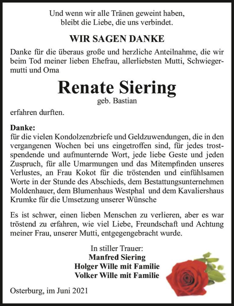  Traueranzeige für Renate Siering (geb. Bastian)  vom 03.07.2021 aus Magdeburger Volksstimme