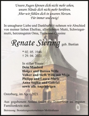 Traueranzeige von Renate Siering (geb. Bastian)  von Magdeburger Volksstimme