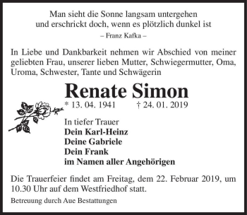 Traueranzeige von Renate Simon  von Magdeburger Volksstimme