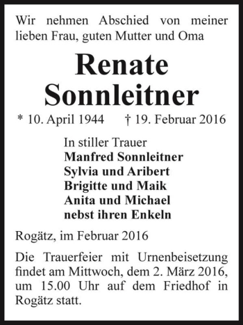 Traueranzeige von Renate Sonnleitner  von Magdeburger Volksstimme