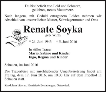 Traueranzeige von Renate Soyka (geb. Wirth)  von Magdeburger Volksstimme