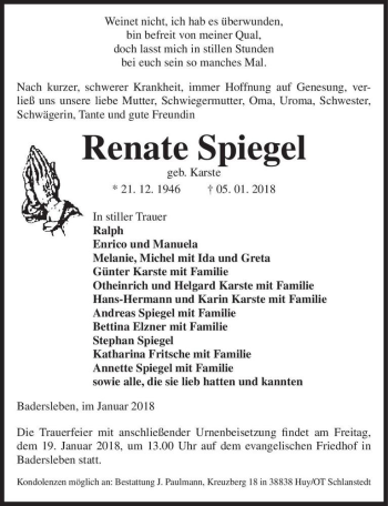 Traueranzeige von Renate Spiegel (geb. Karste)  von Magdeburger Volksstimme