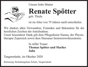 Traueranzeige von Renate Spötter (geb. Thiele)  von Magdeburger Volksstimme