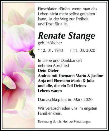Traueranzeige von Renate Stange (geb. Hölscher)  von Magdeburger Volksstimme