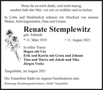 Traueranzeige von Renate Stemplewitz (geb. Schmidt)  von Magdeburger Volksstimme