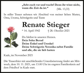 Traueranzeige von Renate Stieger  von Magdeburger Volksstimme