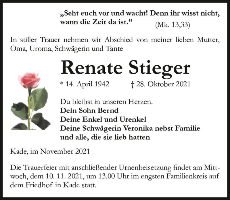  Traueranzeige für Renate Stieger  vom 06.11.2021 aus Magdeburger Volksstimme