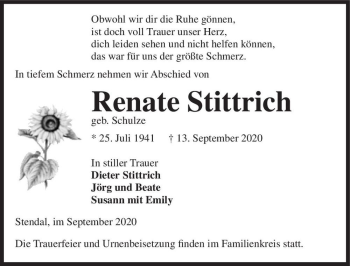 Traueranzeige von Renate Stittrich (geb. Schulze)  von Magdeburger Volksstimme