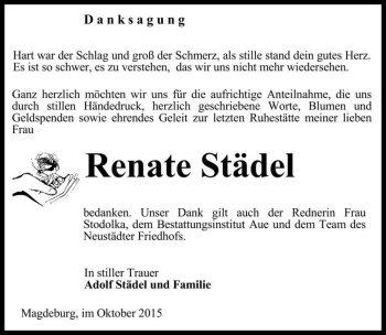 Traueranzeige von Renate Städel  von Magdeburger Volksstimme