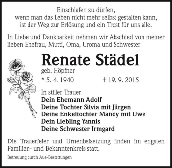 Traueranzeige von Renate Städel (geb. Höpfner)  von Magdeburger Volksstimme
