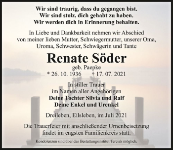 Traueranzeige von Renate Söder (geb. Paepke)  von Magdeburger Volksstimme