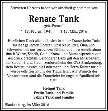 Traueranzeige von Renate Tank (geb. Frenzel)  von Magdeburger Volksstimme