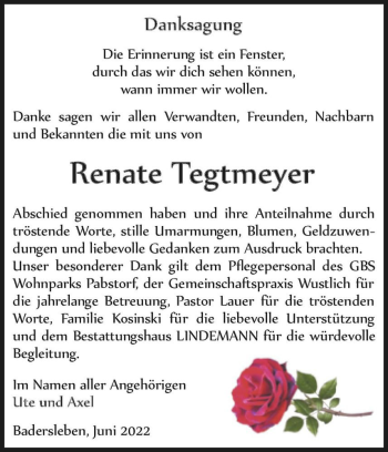 Traueranzeige von Renate Tegtmeyer  von Magdeburger Volksstimme