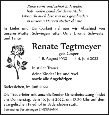 Traueranzeige von Renate Tegtmeyer (geb. Casper)  von Magdeburger Volksstimme