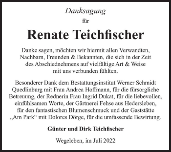 Traueranzeige von Renate Teichfischer  von Magdeburger Volksstimme