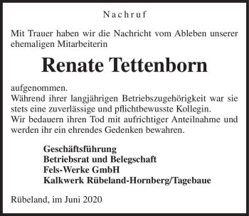 Traueranzeige von Renate Tettenborn  von Magdeburger Volksstimme