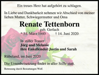 Traueranzeige von Renate Tettenborn (geb. Gerlach)  von Magdeburger Volksstimme