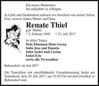 Traueranzeige von Renate Thiel (geb. Müller)  von Magdeburger Volksstimme