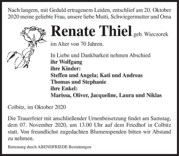 Traueranzeige von Renate Thiel (geb. Wieczorek)  von Magdeburger Volksstimme