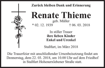 Traueranzeige von Renate Thieme (geb. Müller)  von Magdeburger Volksstimme