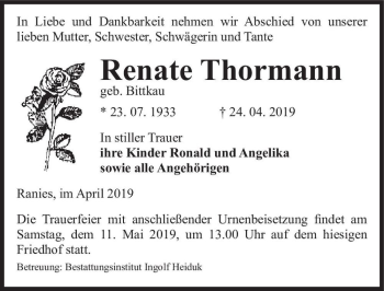 Traueranzeige von Renate Thormann (geb. Bittkau)  von Magdeburger Volksstimme