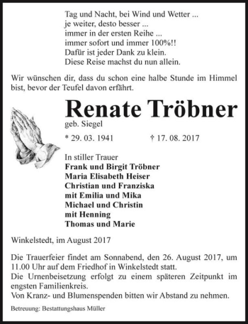 Traueranzeige von Renate Tröbner (geb. Siegel)  von Magdeburger Volksstimme