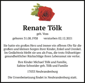 Traueranzeige von Renate Tölk (geb. Voss)  von Magdeburger Volksstimme