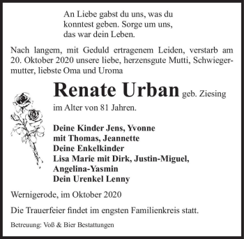 Traueranzeige von Renate Urban (geb. Ziesing)  von Magdeburger Volksstimme