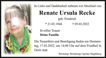 Traueranzeige von Renate Ursula Recke (geb. Friedrich)  von Magdeburger Volksstimme