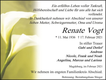 Traueranzeige von Renate Vogt  von Magdeburger Volksstimme