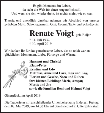 Traueranzeige von Renate Voigt (geb. Baljar)  von Magdeburger Volksstimme