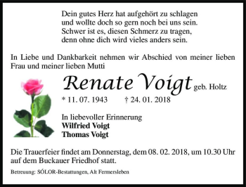 Traueranzeige von Renate Voigt (geb. Holtz)  von Magdeburger Volksstimme