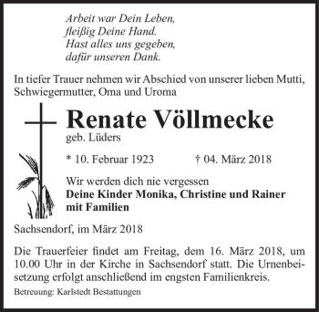 Traueranzeige von Renate Völlmecke (geb. Lüders)  von Magdeburger Volksstimme