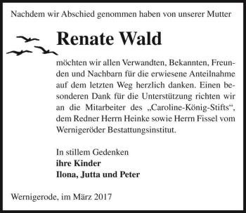 Traueranzeige von Renate Wald  von Magdeburger Volksstimme