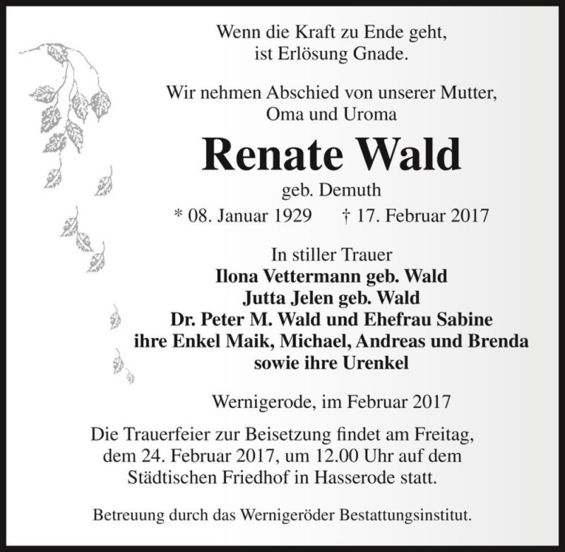  Traueranzeige für Renate Wald (geb. Demuth)  vom 22.02.2017 aus Magdeburger Volksstimme