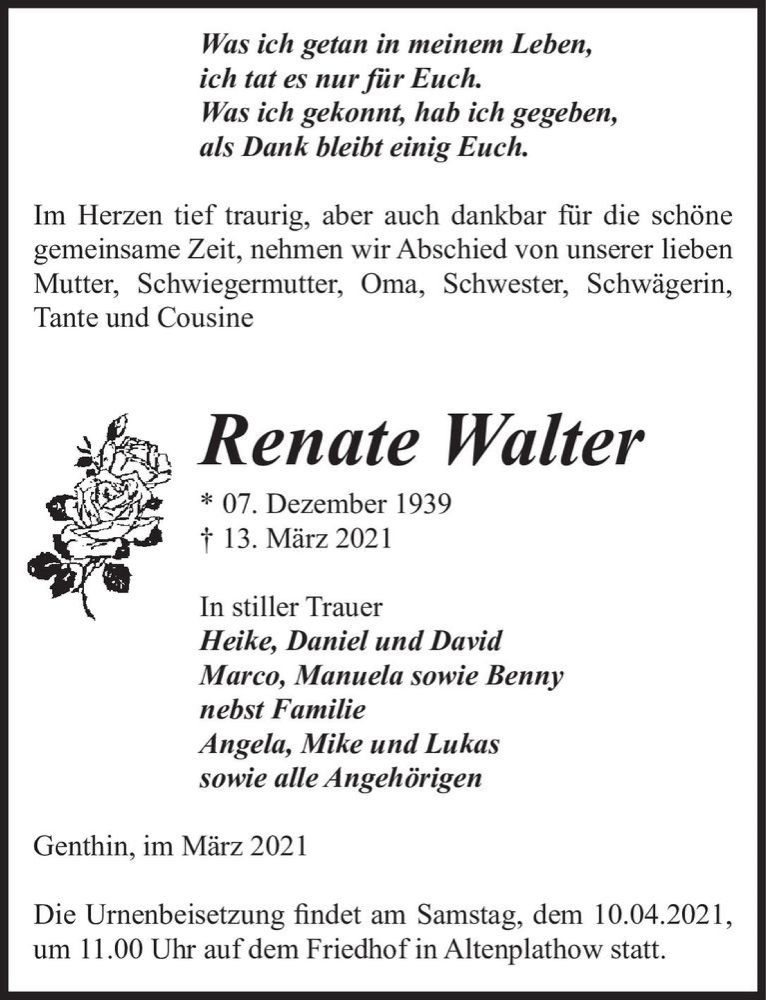  Traueranzeige für Renate Walter  vom 20.03.2021 aus Magdeburger Volksstimme