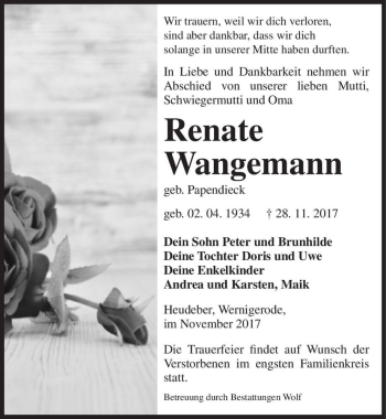 Traueranzeige von Renate Wangemann (geb. Papendieck)  von Magdeburger Volksstimme