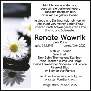 Traueranzeige von Renate Wawrik (geb. Rahn)  von Magdeburger Volksstimme