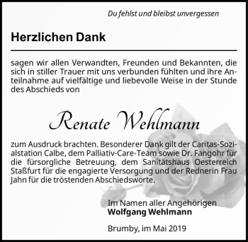 Traueranzeige von Renate Wehlmann  von Magdeburger Volksstimme