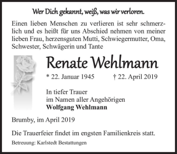 Traueranzeige von Renate Wehlmann  von Magdeburger Volksstimme