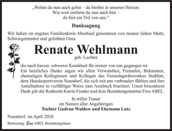 Traueranzeige von Renate Wehlmann (geb. Lochter)  von Magdeburger Volksstimme