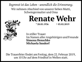 Traueranzeige von Renate Wehr  von Magdeburger Volksstimme