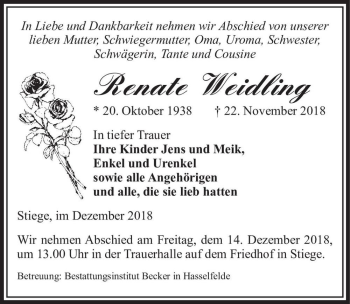 Traueranzeige von Renate Weidling  von Magdeburger Volksstimme